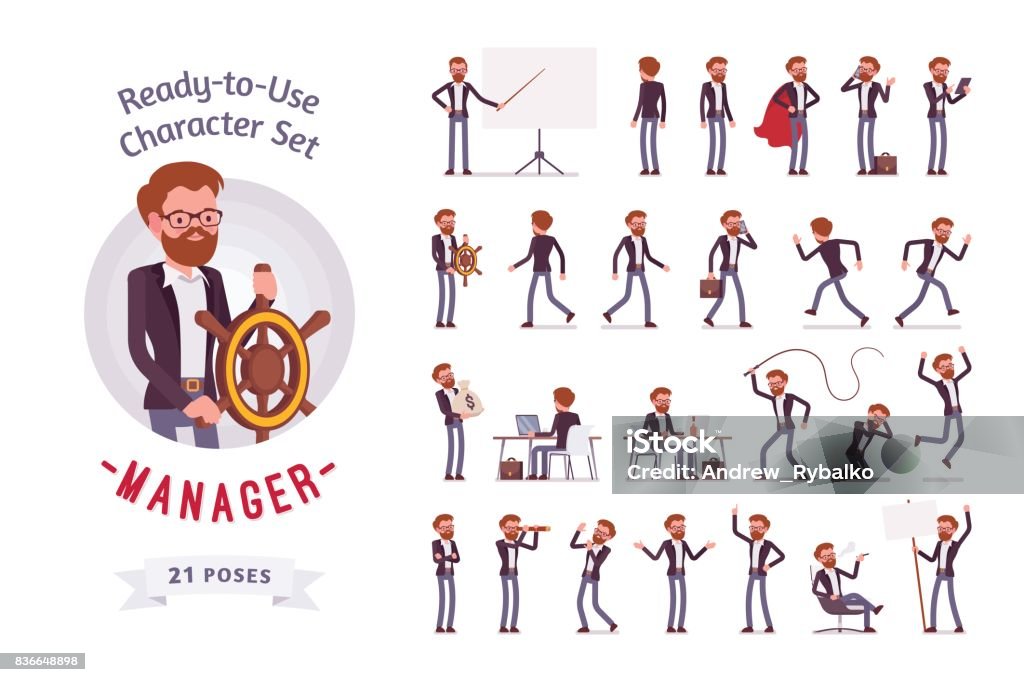Ready-to-use male manager character set, different poses and emotions Ready-to-use character set. Young male manager in formal wear. Different poses and emotions, running, standing, sitting, walking, happy, angry. Full length, front, rear view against white background Characters stock vector