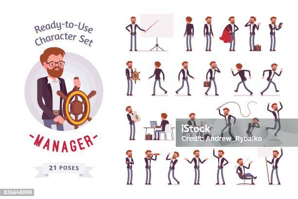 Readytouse Male Manager Character Set Different Poses And Emotions Stock Illustration - Download Image Now