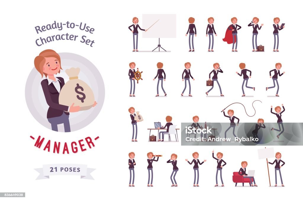 Ready-to-use female manager character set, different poses and emotions Ready-to-use character set. Young female manager, formal wear. Different poses and emotions, running, standing, sitting, walking, happy, angry. Full length, front, rear view against white background Business stock vector