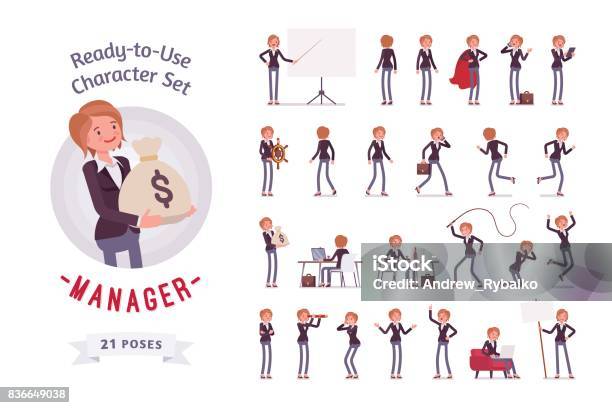 Readytouse Female Manager Character Set Different Poses And Emotions Stock Illustration - Download Image Now