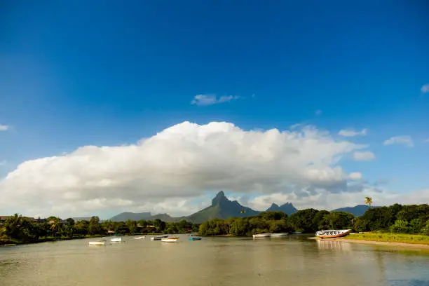 fishing boats resting at tamarin bay, mauritius island, indian ocean, africa.