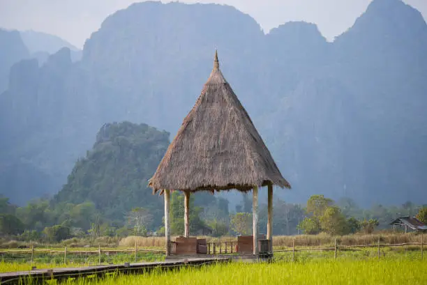 Photo of The straw hut among rice field, Vangvieng, Laos