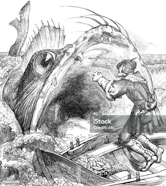 Man Looking Into The Huge Mouth Of A Fish Stock Illustration - Download Image Now - Mouth, Whale, Men