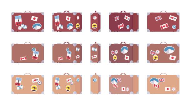 ilustrações de stock, clip art, desenhos animados e ícones de vintage travel suitcases with retro luggage stickers - suitcase travel luggage label