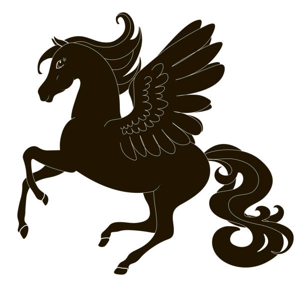 Pegasus, horse with wings in motion a fine silhouette Pegasus, horse with wings in motion a fine silhouette - black over white, vector icon illustration cartoon of caduceus medical symbol stock illustrations