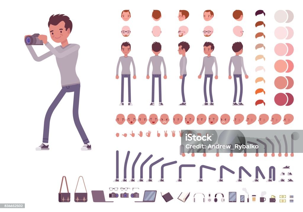 Jeune homme en vêtements décontractés. Jeu de création de caractères - clipart vectoriel de Personnalité atypique libre de droits