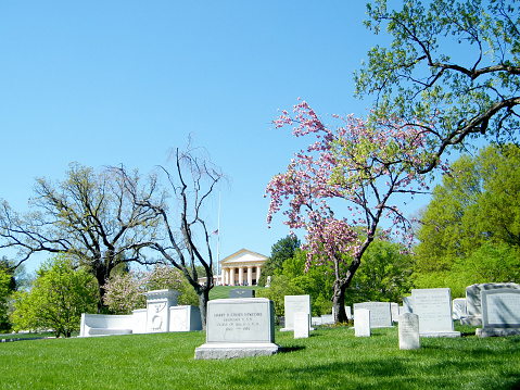 View of Arlington National Cemetery springtime in Arlington Virginia, USA
