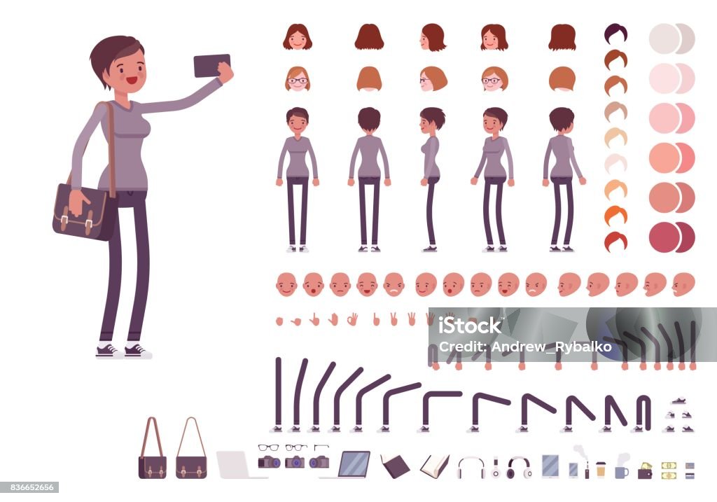 Young woman in casual clothes. Character creation set Young woman, casual clothes. Character creation set. Full length, different views, emotions, gestures, isolated against white background. Build your own design. Cartoon flat-style vector illustration Women stock vector