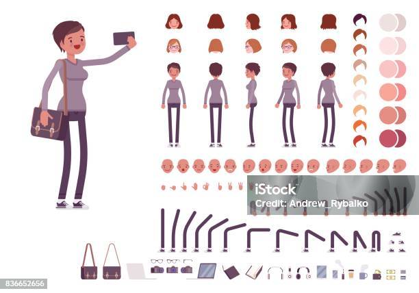 Young Woman In Casual Clothes Character Creation Set Stock Illustration - Download Image Now