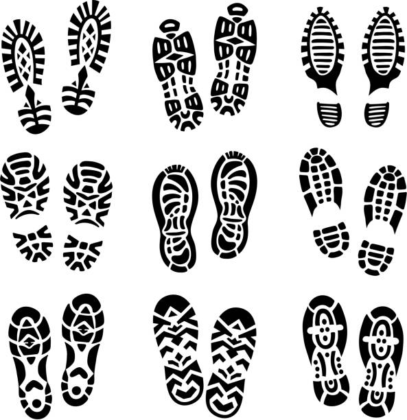 Different types of footprint. Monochrome vector illustrations Different types of footprint. Monochrome vector illustrations. Black footprint silhouette, shoe trace of set shoe print stock illustrations