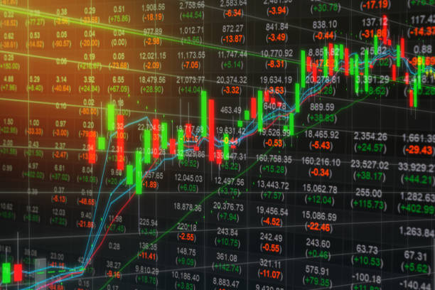 istock financial statistic stock market indices analysis on LED with candlestick graph and  indicators with light. successful investor on stock market finance index, business concept 836654376