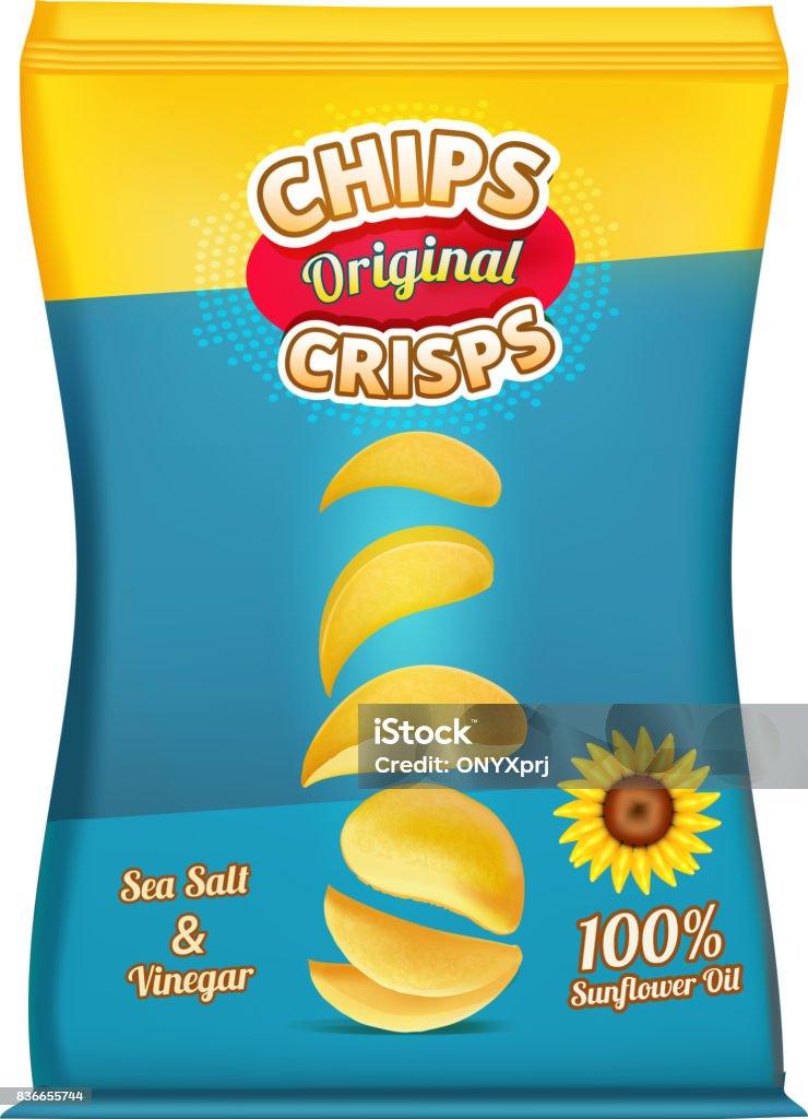 Package design of snacks or chips. Vector template Package design of snacks or chips. Vector template original snack chips in polythene package illustration Potato Chip stock vector