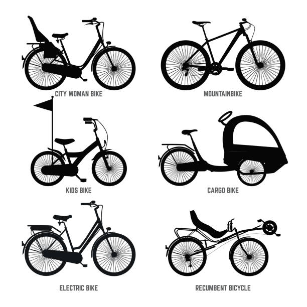 silhouette von verschiedene fahrräder für kinder, mann und frau. monochrome vektor-illustrationen - liegefahrrad stock-grafiken, -clipart, -cartoons und -symbole