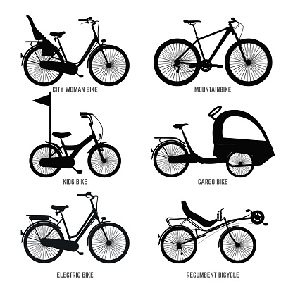 Silhouette of different bicycles for children, man and woman. Vector monochrome illustrations