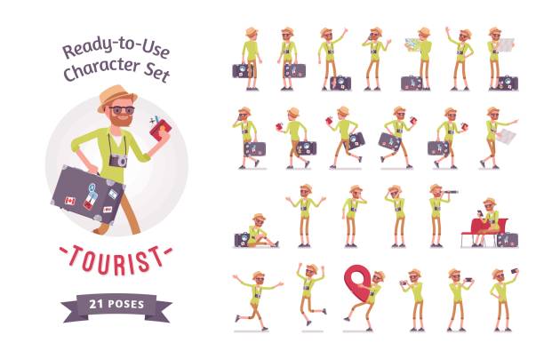 ilustrações, clipart, desenhos animados e ícones de homem de turista com caráter de bagagem definida, várias poses e emoções - set