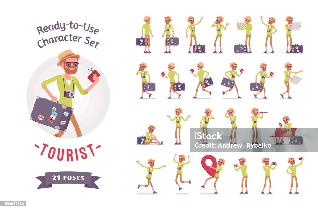Tourist man with luggage character set, various poses and emotions Ready-to-use character set. Tourist man with luggage. Various poses, emotions, running, standing, walking, waiting, map reading. Full length, front, rear view isolated, white background Characters stock vector