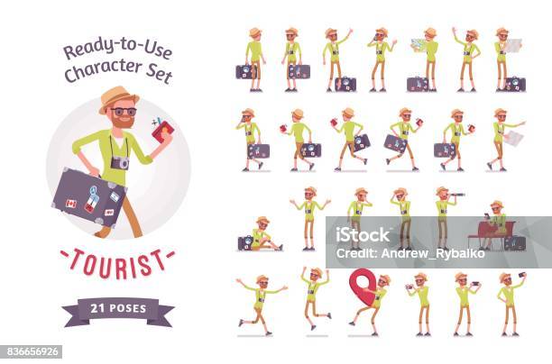 Tourist Man With Luggage Character Set Various Poses And Emotions Stock Illustration - Download Image Now