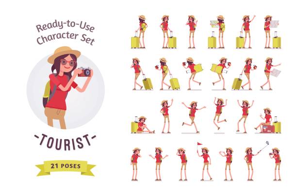 illustrations, cliparts, dessins animés et icônes de femme touriste avec le personnage de bagages set, différentes poses et émotions - femme voyage avion