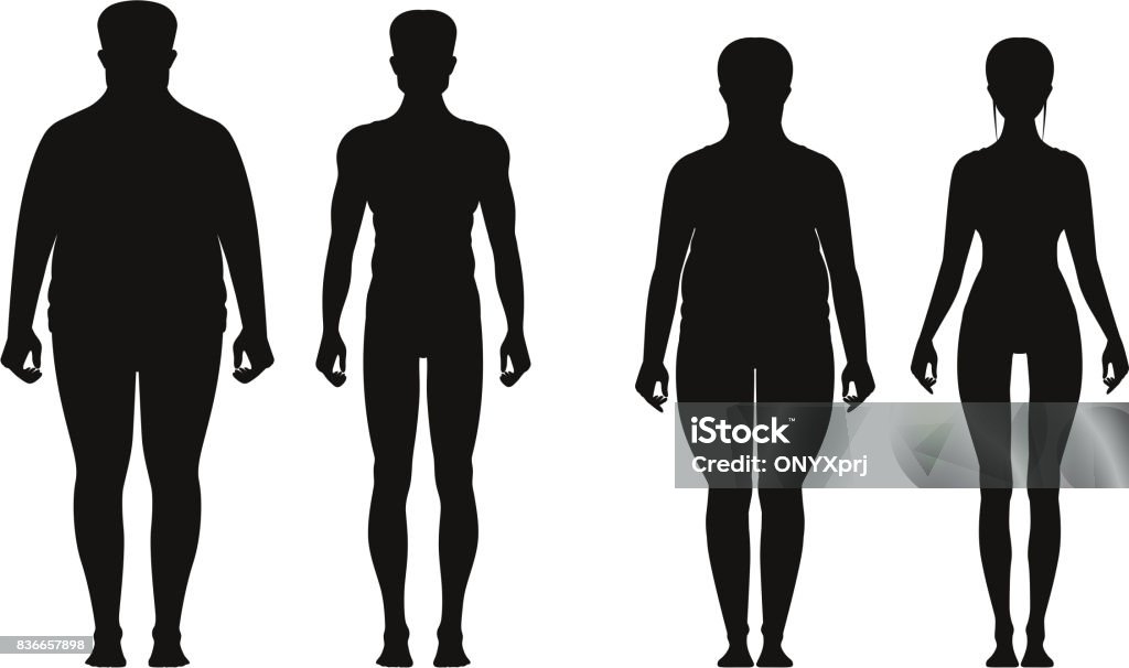Silhouette di popoli grassi e magri. Perdita di peso dell'uomo in sovrappeso e della donna grassa. Le illustrazioni vettoriali isolano - arte vettoriale royalty-free di Sagoma - Controluce