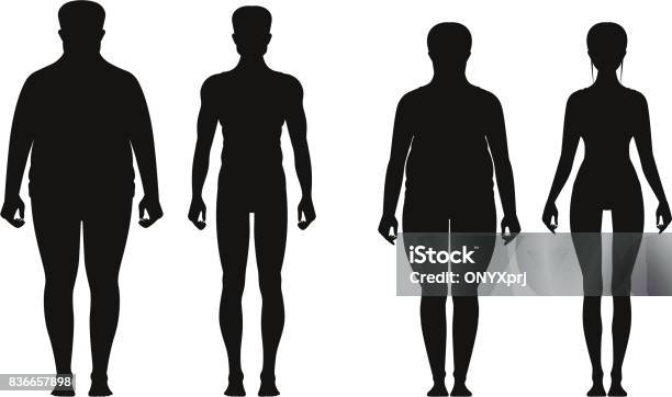 Silhouette Of Fat And Thin Peoples Weight Loss Of Overweight Man And Fat Woman Vector Illustrations Isolate Stock Illustration - Download Image Now