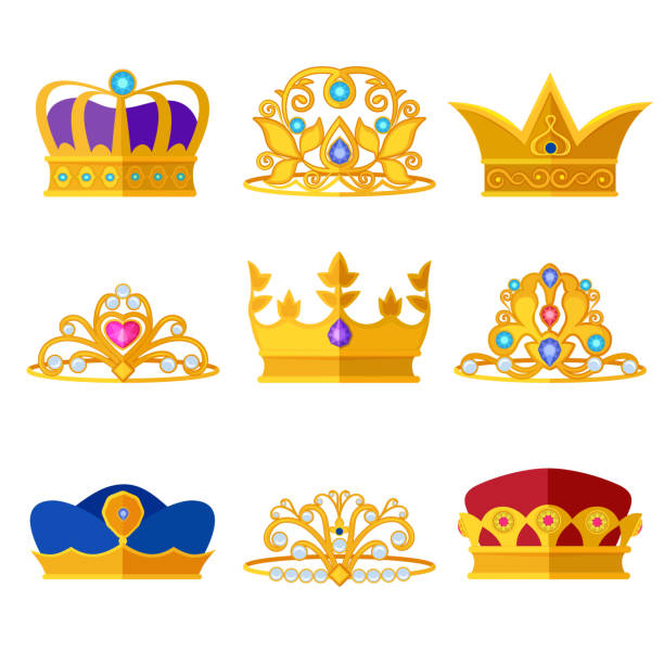Princess diadems and golden crowns of kings and queens. Vector set isolate on white Princess diadems and golden crowns of kings and queens. Vector set isolate on white. Jewelry royal crown, illustration of king crown queen crown stock illustrations