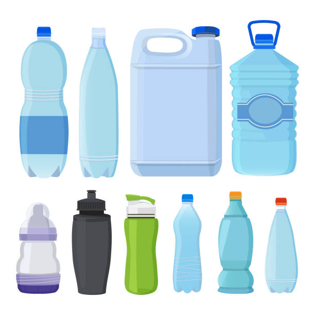 bildbanksillustrationer, clip art samt tecknat material och ikoner med glas- och plastflaskor av olika typer för alkohol och vatten - water bottle cap