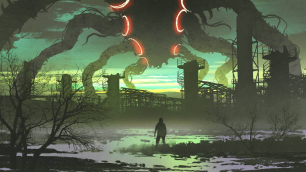 ilustrações de stock, clip art, desenhos animados e ícones de man looking at giant monster standing above abandoned factory - alien monster green futuristic