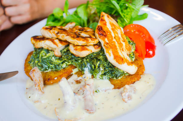 Delicious chicken with spinach and potato pancakes