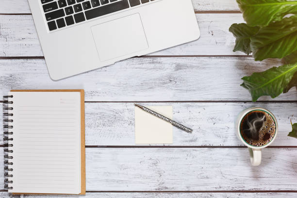 istock Blogger or journalist workplace concept top view 836666940