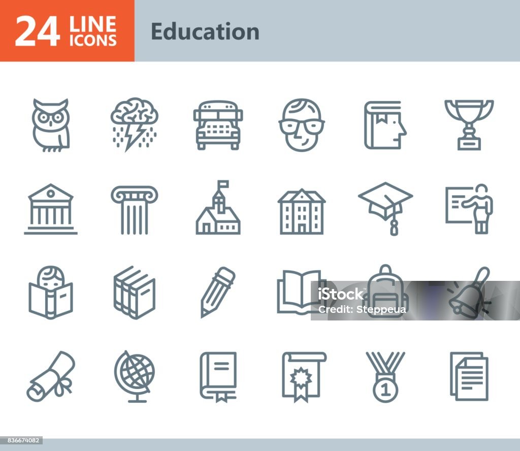Education - line vector icons Vector Line icons set. One icon consists of a single object. Files included: Vector EPS 10, HD JPEG 3000 x 2600 px Icon Symbol stock vector