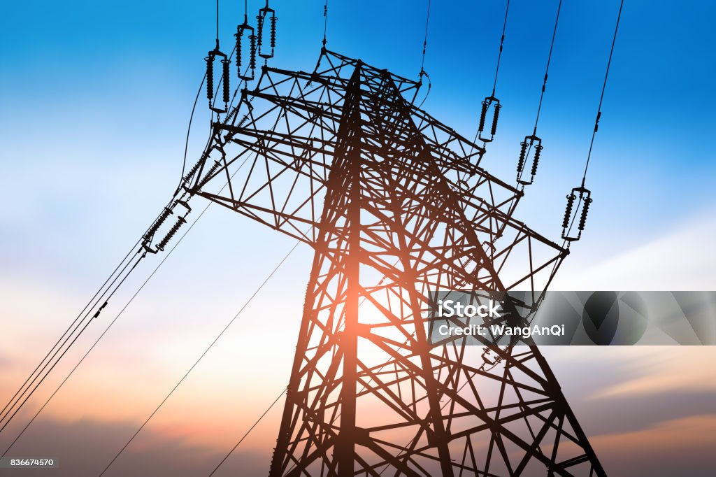 High voltage post or High voltage tower Fuel and Power Generation Stock Photo