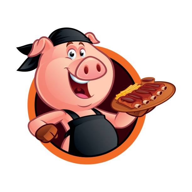 illustrazioni stock, clip art, cartoni animati e icone di tendenza di cartoon pig chef - pig roast