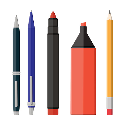 Pens, pencil, markers set isolated on white. Ballpoint pen, pencil with rubber eraser and felt pen. Office supply and stationery set. Vector illustration in flat style