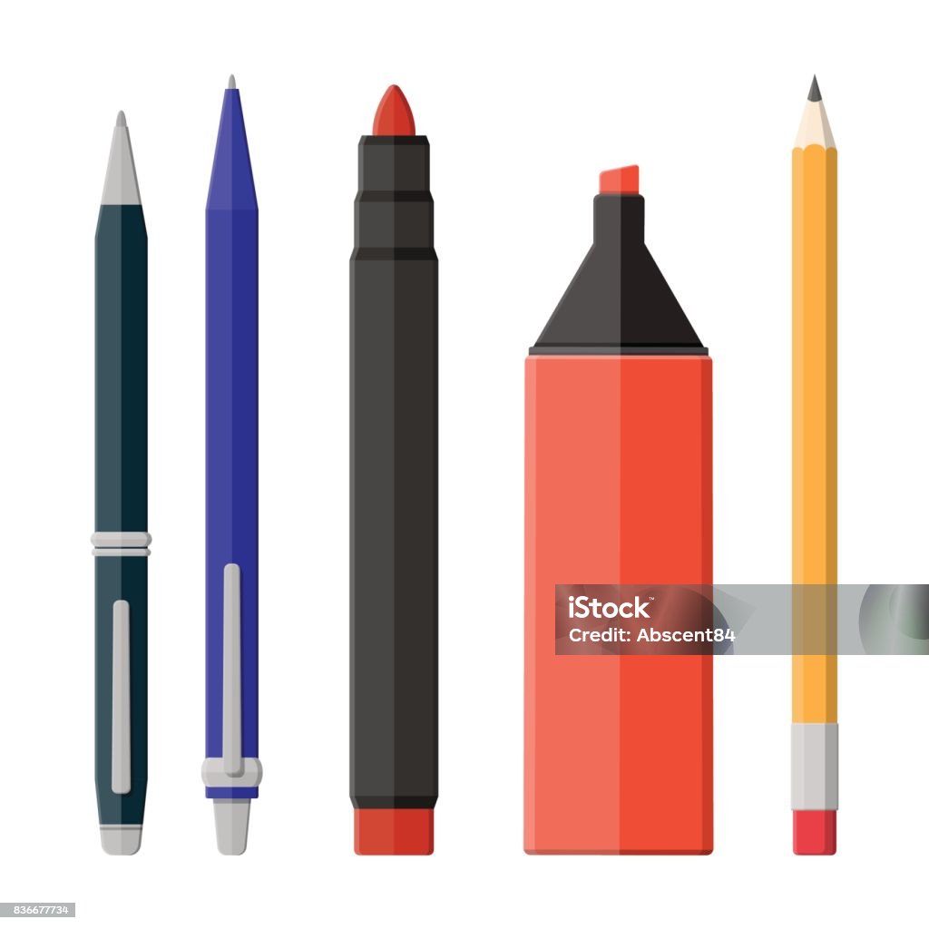 Pens, pencil, markers set isolated on white Pens, pencil, markers set isolated on white. Ballpoint pen, pencil with rubber eraser and felt pen. Office supply and stationery set. Vector illustration in flat style Pen stock vector