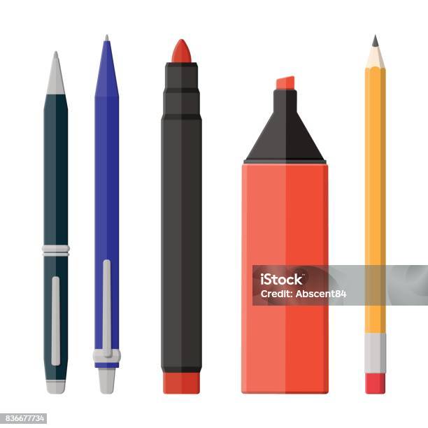 Pens Pencil Markers Set Isolated On White Stock Illustration - Download Image Now - Pen, Pencil, Felt Tip Pen