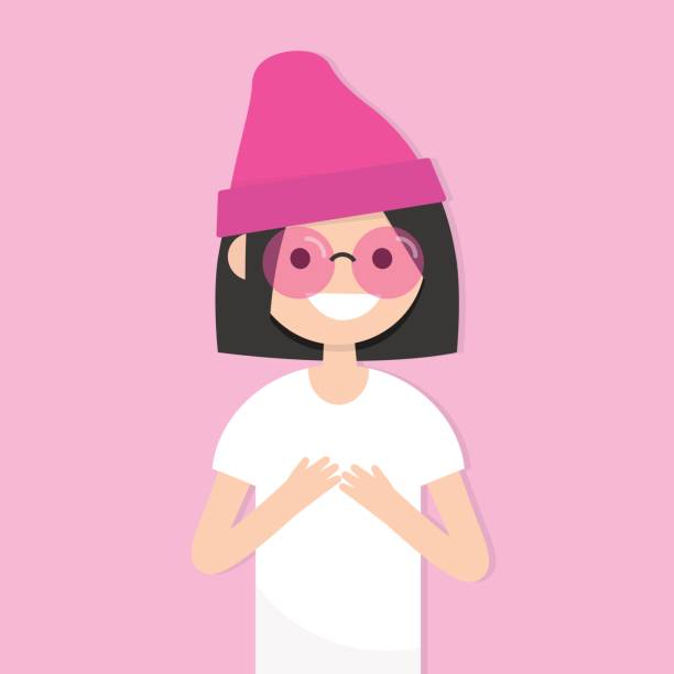 durch die rosa gefärbten brille geschaut. konzeptionelle darstellung. junge weibliche figur mit rosa sonnenbrille. flach bearbeitbares vektor-illustration, clipart - women summer hat tinted sunglasses stock-grafiken, -clipart, -cartoons und -symbole