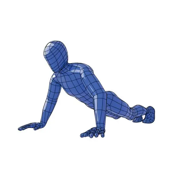 Vector illustration of Wireframe human figure making push ups in the ground