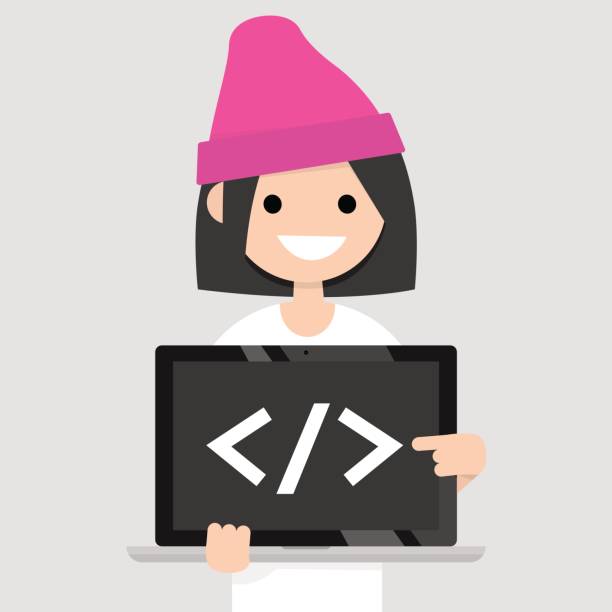 Young female programmer pointing on the closing bracket tag on a laptop screen / flat editable vector illustration, clip art Young female programmer pointing on the closing bracket tag on a laptop screen / flat editable vector illustration, clip art girls coding stock illustrations