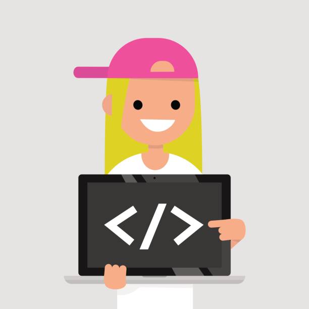 Young female programmer pointing on the closing bracket tag on a laptop screen / flat editable vector illustration, clip art Young female programmer pointing on the closing bracket tag on a laptop screen / flat editable vector illustration, clip art girls coding stock illustrations