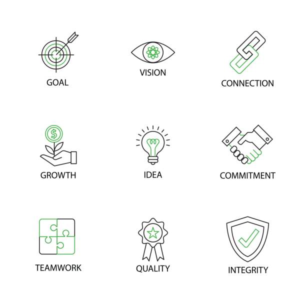 Modern Flat thin line Icon Set in Business Core Values with word Key Goal,Vision,Connection,Growth,Idea,Commitment,Teamwork,Quality,Integrity.Editable Stroke. Modern Flat thin line Icon Set in Business Core Values with word Key Goal,Vision,Connection,Growth,Idea,Commitment,Teamwork,Quality,Integrity.Editable Stroke. charter stock illustrations