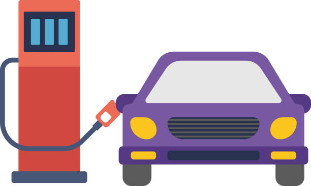 Car at gas station being filled with fuel Car at gas station being filled with fuel vector flat design illustration isolated on white background. electric motor white background stock illustrations