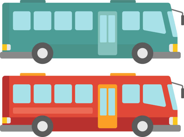 bildbanksillustrationer, clip art samt tecknat material och ikoner med sidovy av två stadsbussar - buss