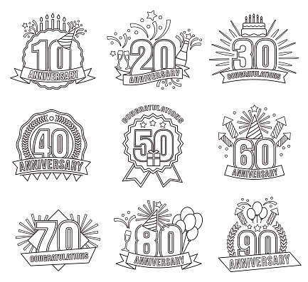 Anniversary coloring stickers style line art set