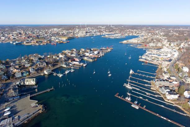 Gloucester Harbor, Massachusetts Aerial view of Rocky Neck and Gloucester Harbor in City of Gloucester, Cape Ann, Massachusetts, USA. essex county massachusetts stock pictures, royalty-free photos & images