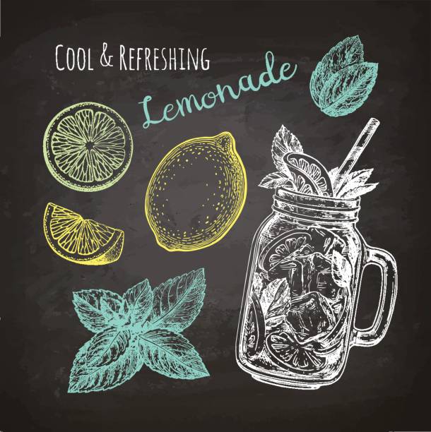 Chalk sketch of lemonade Chalk sketch on blackboard background. Hand drawn vector illustration. Retro style. mason jar lemonade stock illustrations