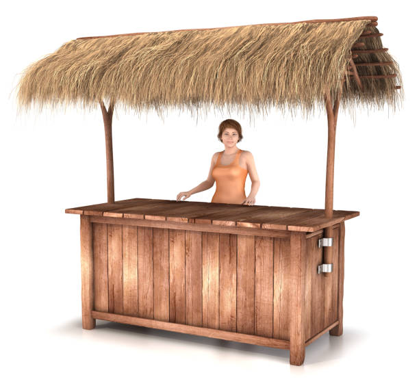Wooden counter kiosk with thatched roof