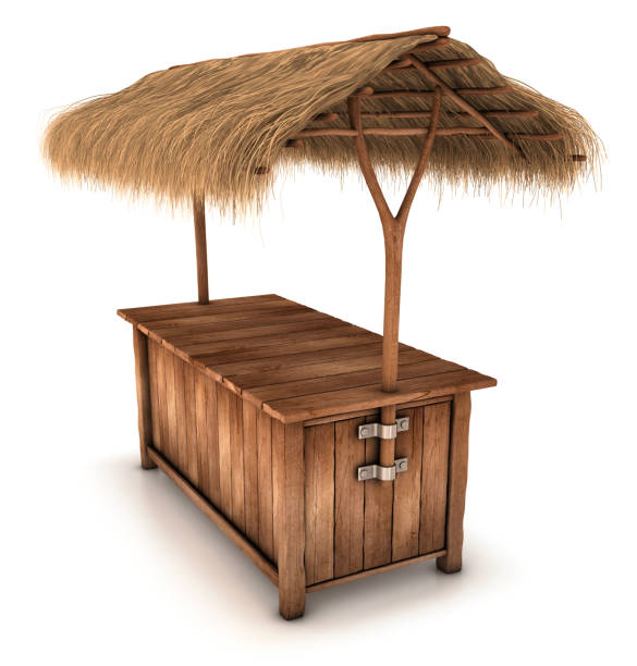 Wooden counter kiosk with thatched roof Wooden counter kiosk with thatched roof. 3d image isolated on white. straw roof stock pictures, royalty-free photos & images