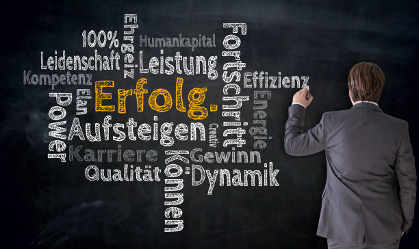 istock Businessman writes Success, Ascending, Progress (in german success, rising, progress) Cloud on blackboard concept 836698642