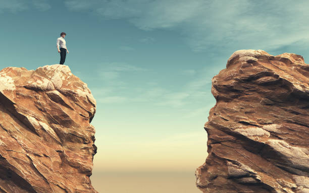 Young man on a rock Young man on a rock in front of a chasm. This is a 3d render illustration bluff stock pictures, royalty-free photos & images