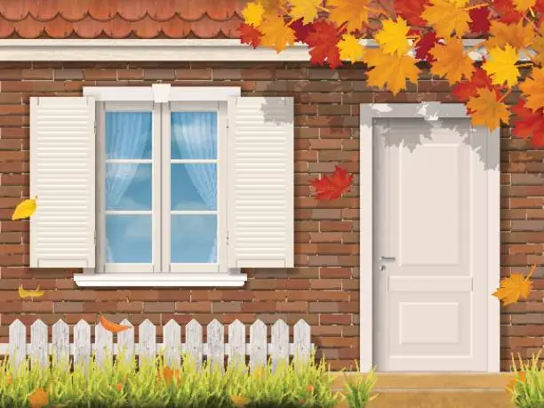 Vector illustration of brick house facade in autumn season